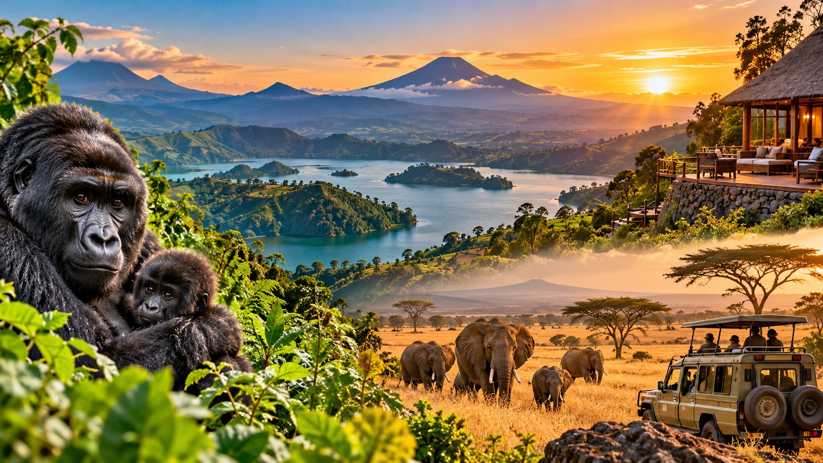 East Africa safaris with gorillas, elephants, mountains, lodge and safari vehicle